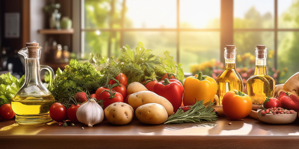 Holztisch mit frischem Gemüse wie Paprika, Tomaten, Kartoffeln, Knoblauch und Kräutern, daneben Glasflaschen mit Öl und eine Schale mit Erdbeeren, im Hintergrund ein Fenster mit grünem Ausblick.